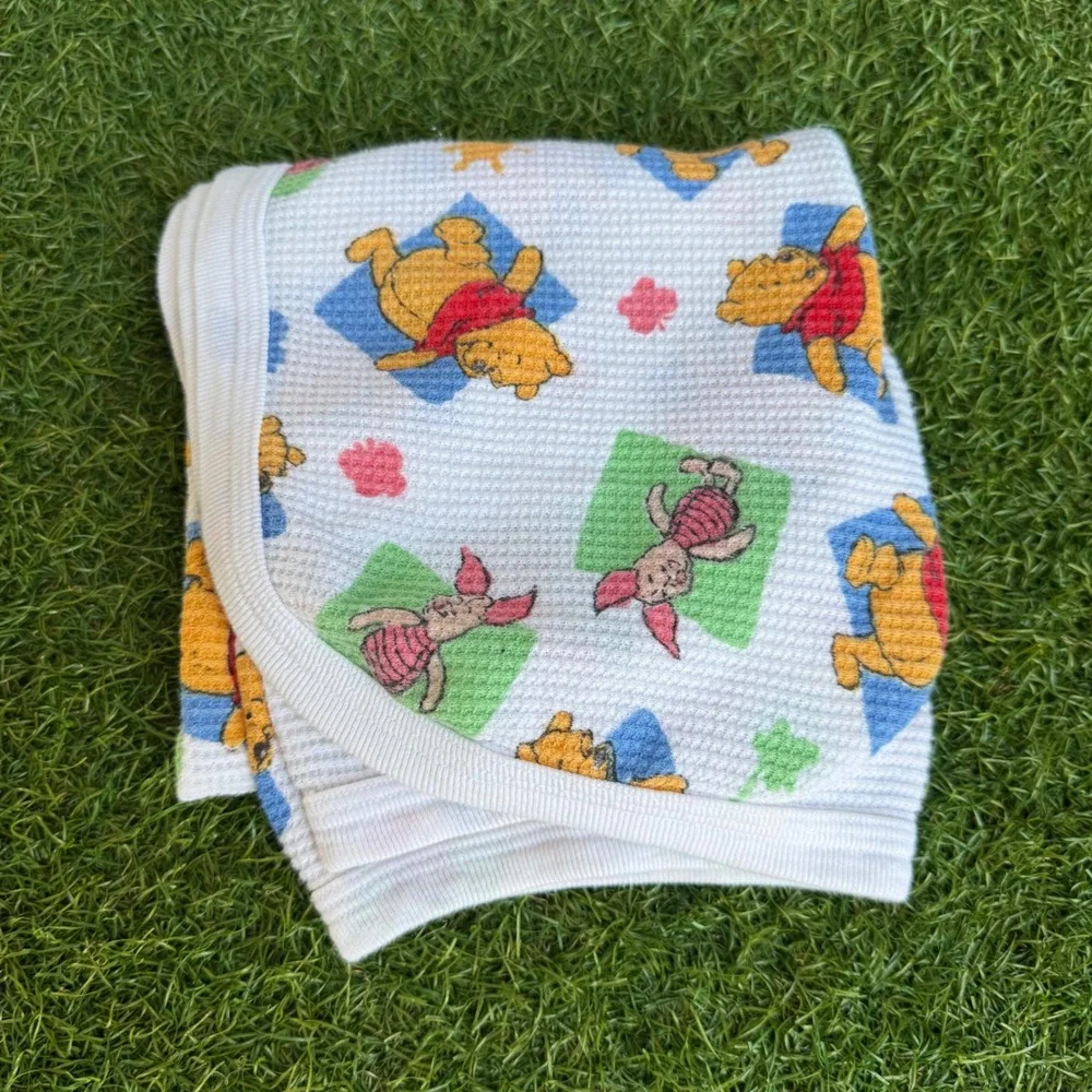 Vtg 90s Disney Winnie the Pooh Piglet Waffle Knit Thermal Baby Blanket Kidcore